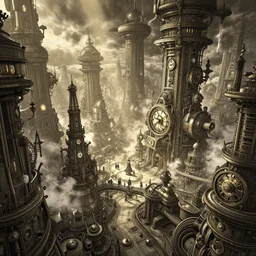 an ultra wide angle view of a steampunk city made of clockwork, steamy, ominous, an ultrafine hyperdetailed illustration by kim jung gi, irakli nadar, intricate linework, octopath traveler, final fantasy, unreal engine 5, highly rendered, global illumination, radiant light, detailed and intricate environment