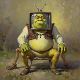 oil painting of a ten legged shrek with a tv instead of his head