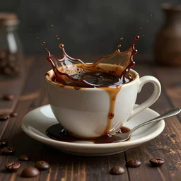: a sloppy old cup of coffee with fluid flyingout the cup hyperbolic ,hyper detailed art station  parabolic lighting contest winners unrealengine trending on artstation,cinematic, hyper realism, high detail, octane render, 8k