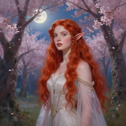a beautiful painting of a beautiful red haired elf queen in a cherry blossom forest, volumetric lighting, moonlit by greg rutkowski and kalin popov, trending on artstation, masterpiece,