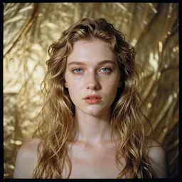 Hyper realistic portrait of a surreal goddess ((gold fluid in the background)), Hyper realistic film photography by Emil Melmoth , Zeiss 50mm f2.8, Hasselblad, insanely detailed, sharp focus