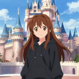 menhera - chan, anime girl with long brown hair and black hoodie, posting in front of the wdw castle, kyoani, kyoto animation, key visual