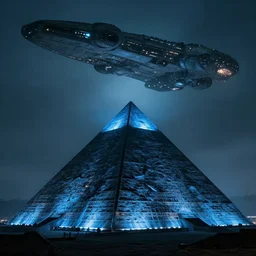 big pyramid with blue glow lights and huge spaceship in sky, fog in background, cinematic looking, drama, scary