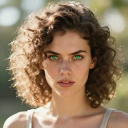 portrait of a fierce woman with curly hair and green eyes, radiant light, summer glow, artgerm, bokeh, sharp features, artstation