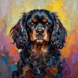abstract painting of a black king charles spaniel in bright colours by jeremy mann