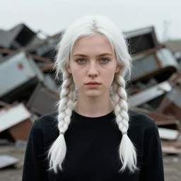 8 5 mm young woman portrait, scrapyard, braided white hair, clothing, richard avedon, martin schoeller, victor ngai, id magazine, epic scene, david cronenberg, kilian eng vibrant colours, dynamic lighting, intricate illustration, detailed, dan mumford, artstation, greg rutkowski, sharp focus, photoreal, 8 k