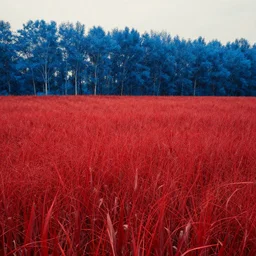 Realistic fields of red corn, high grass and red cord, cord particles, trees, blue trees, depressing blue trees, retro-style blue trees, blue and red particules, landscape, realistic