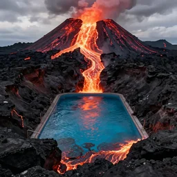 A beautiful pool in the middle of a volcano flodding with lava, digital art, 85mm lens,