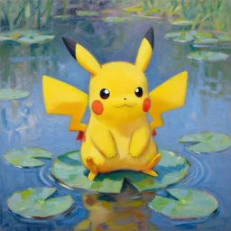 pikachu sitting on a lilypad in a beautiful lake, oil on canvas by claude monet