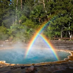 a photo of a rainbow hotspring nestled in a forest