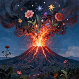 a painting of a volcanic eruption from which come out flowers and stars exotic plants, all this happens in some kind of fantasy world, almost like in the sky or all in the amazing outdoors view, long exposure, 8 k resolution, trending on artstation