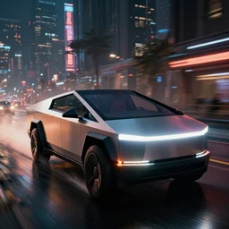 closeup photo of combat tesla cybertruck driving on wet dystopian cyberpunk city streets at night, mad max, action, speed, volumetric lighting, hdr, need for speed, gta 5, forza, makoto shinkai, syd mead, craig mullins, cinematic, fast and furious, blade runner, octane, 8 k, iso 1 0 0, 1 2 mm