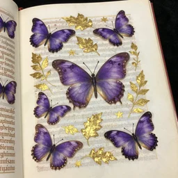a page from an illuminated manuscript with purple butterflies, gold, leaf, and calligraphy in the style of ida outhwaite, extremely detailed, hyper realistic, octane render, 4 k, detailed, intricate, watercolor, fantasy