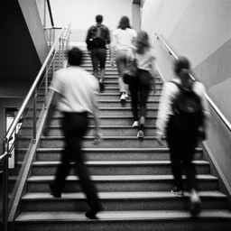 multiple people walking up a mechanical stair by richard avedon. black and white. ilford delta. long exposure, extreme motion blur. film grain. contrast. fine art photography.
