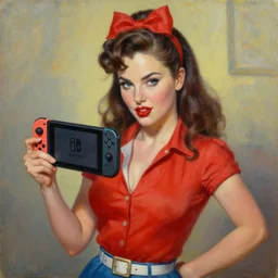 an oil painting of a pin up girl holding a Nintendo Switch, by Gil Elvgren, highly detailed and intricate