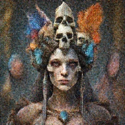 blurred background. close-up portrait of a goddess in crown made of skulls. betta fish, phoenix, bioluminiscent creature, super intricate ornaments, by Anne Bachelier by Anka Zhuravleva, Anato Finnstark and Alena Aenami, Bruno Walpoth. unreal engine
