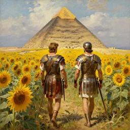 Realistic painting of two roman warriors backside walking through a sunflower field towards a pyramid dramatic lighting, high-detailed oil painting by Ilya Repin, William Blake, Michelangelo da Caravaggio, Alex Grey and Beksinski, masterpiece, 4k