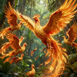 flock of fiery golden phoenix birds in tropical forest, insanely detailed, digital art, photorealistic, wimmelbilder, unreal engine 5, 8 k