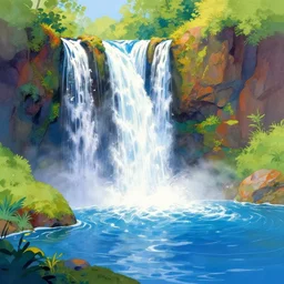 beautiful waterfall flowing into a blue lagoon, illustration by thomas kinkade, colorful, creative design 8 k digital art