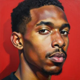 portrait of a latino man, red background, ultra detailed, extreme close up, oil on canvas, dynamic, strong shadows, 4 k, illustration, by kehinde wiley, kadir nelson, john william waterhouse