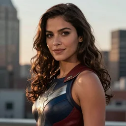 VFX movie still frame portrait beautiful DC vs. Marvel hero Denise milani natural skin, hero pose, natural evening light in the city by Emmanuel Lubezki