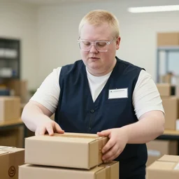photo of a pale white overweight amazon androgynous employee sorting packages, wearing a vest, wearing clear square glasses, nametag