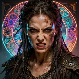 furious gorgeous woman, face covered in dirt, lord of the rings ,cyberpunk, neon, fibonacci, sweaty, insane, intricate, highly detailed, digital painting, artstation, concept art, smooth, sharp focus, illustration, Unreal Engine 5, 8K, art by artgerm and greg rutkowski and alphonse mucha