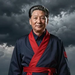 photorealistic 3 5 mm xi jinping wearing an akatsuki robe, dramatic lighting, 8 k, dark clouds