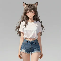 fullbody portrait of wild fluffy half - cat woman with cat nose and ears, wearing summer jeans shorts and tshirt, anime art, concept art, detailed attractive face, symmetrical, trending on pixiv, by lois van baarle by john kirby by akira toriyama, artgerm style pascal blanche and magali villeneuve