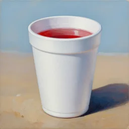 an oil painting of a giant white styrofoam cup on the beach, the cup has red water unside of it, surrealism