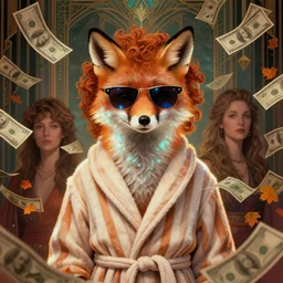 portrait, anthropomorphic fox, striped bathrobe, curly hair, electric sunglasses, surrounded by floating autumn dollar bills, fantasy, detailed, intricate, luminescent, elegant, coherent, by mandy jurgens, hannah yata and kay sage, donato giancola, detailed, artstation, cinematic lighting, artdeco, art deco outrun aesthetic