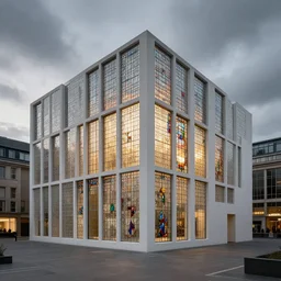 cinematic photography of art museum made out of small stained glass panes and white concrete in an urban context, dramatic grey sky, soft natural light, glowing windows, architectural photography, heatherwick studio style, wide angle, photoreal