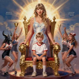 taylor swift standing next to young boy sitting in throne, cheerleader sacrificed to moloch in a ritual by brian k. vaughan, chris ware, and christian ward, polished, smooth, clean, digital painting