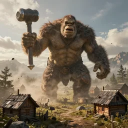 big giant ogre troll with a club attacks wooden village houses. Destruction dust and fog. Atmospheric beautiful by Eddie mendoza and Craig Mullins. volumetric lights