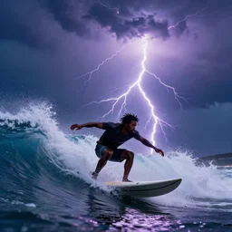 a wide angle dynamic action photo of a black man with dreadlocks surfing during a lightning storm, ( large, violent, neon, waves ), by clark little and rhads, concept art by artgerm