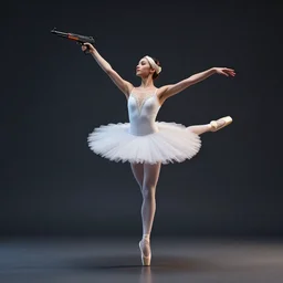 a beautiful photography of a ballerina holding uzi in each hand passe en releve with outstretched arms by greg rutkowsi, 8 k render, octane render
