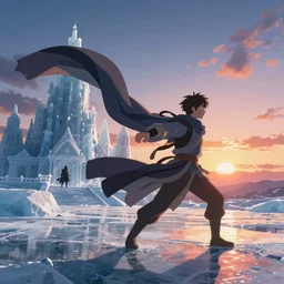 Himalayan in an ice temple, beautiful flowing fabric, sunset, dramatic angle, dynamic pose, 8k hdr pixiv dslr photo by Makoto Shinkai ilya kuvshinov and Wojtek Fus