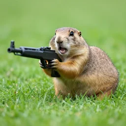 a very hangry prairie dog. holding an ar - 1 5, aiming, lying on the grass