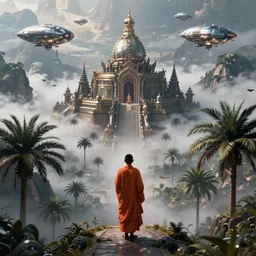 a single sci fi buddhist monk with an orange robe silhouette, high detailed valley with palm trees, high camera angle, mystic atmosphere, a detailed metallic temple on a misty mountain, shiny metallic airships with reflections, volumetric fog, perspective painting, atmospheric shot, cinematic establishing shot, high detail digital painting, in the style of brian despain, dystopian, unreal engine, maya