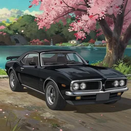 a wholesome animation key shot of one!! focused, black pontiac firebird car, parked beside lake, medium shot, studio ghibli, disney animation, ( pixar ), sharp, very detailed, high resolution, rendered in unreal engine 5, anime key art by greg rutkowski, bloom, dramatic lighting
