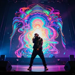 psychedelic light show while rapper performs on stage, digital art, vapor wave, hip hop, surreal, trending on Artstation, professional artist, detailed, 4k
