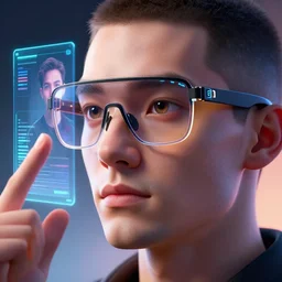 highly detailed futuristic Apple iGlass computer glasses on face of human, cyberpunk, calling friend as a hologram, hand tracking, concept art, character art, studio lightning, bright colors, intricate, masterpiece, photorealistic, hyperrealistic, sharp focus, high contrast, Artstation HQ, DeviantArt trending, 8k UHD, Unreal Engine 5