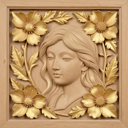 wood panel carved with flowers and leaves, a beautiful young woman face, gold leaf gilding