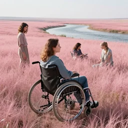 concept art by Neil Blevins, James Paick, Natasha  Tan Maciej Kuciara, highly detailed, ultra realistic  wheelchair user  a clearing with pink grass and a river long-range plan cinematic lighting