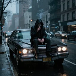 A mysterious figure sitting in a black 1970's Cadillac DeVille with the headlights on, smoking a cigarette, parked on the side of the road in the city of New York while it is raining, by Stephen King, dark and dim, moody, sinister, cinematic lighting, 8k render, hyperrealistic