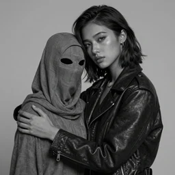 Hot young woman, grey skin, wearing leather jacket, cuddling humanoid in shroud and mask concept art