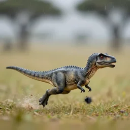 award winning photo by saul leiter of a tiny gray dinosaur running in the savannah, under the rain, tiny gaussian blur, insanely detailed, insanely intricate, depth of field, low contrast, summer, wide aperture, action photography