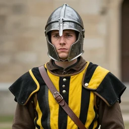 Medium shot young idealistic and pious homely male Imperial soldier wearing a {black and yellow tabard} over a brown gambeson and a {realistic steel helm!!!!!}, by Raymond Swanland Greg Rutkowski Lise Deharm, {perfect face}, {perfect eyes}, {uncertain look}, {on edge}