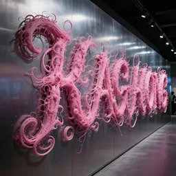 intricate, highly detailed, sharp, pink, mysterious curly extraterrestrial writing, on a long the metallic wall, cinematic, dramatic lights