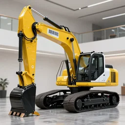 extremely beautiful softly lit interior photo of futuristic construction machinery, pneumatic, hydraulic, exoskeleton, yellow, white black, bar codes, logos, details, graphic, excavator, backhoe, black, polished metal, gleaming, black and white corporate decals, polished concrete floor, sharp focus, clear focus, beautiful, award winning photo, extremely beautiful lighting, cinematic, modern, render, architectural, architecture, realistic, clear